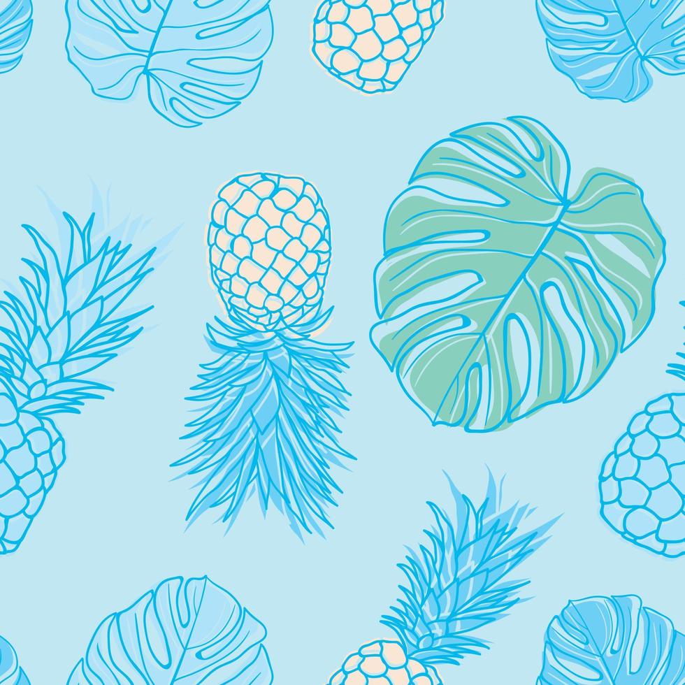 Tropical floral leaves, palm leaves, monstera, pineapple seamless pattern background. Exotic jungle wrapping paper. Beautiful print with hand drawn exotic plants. Summer design for fashion, print vector