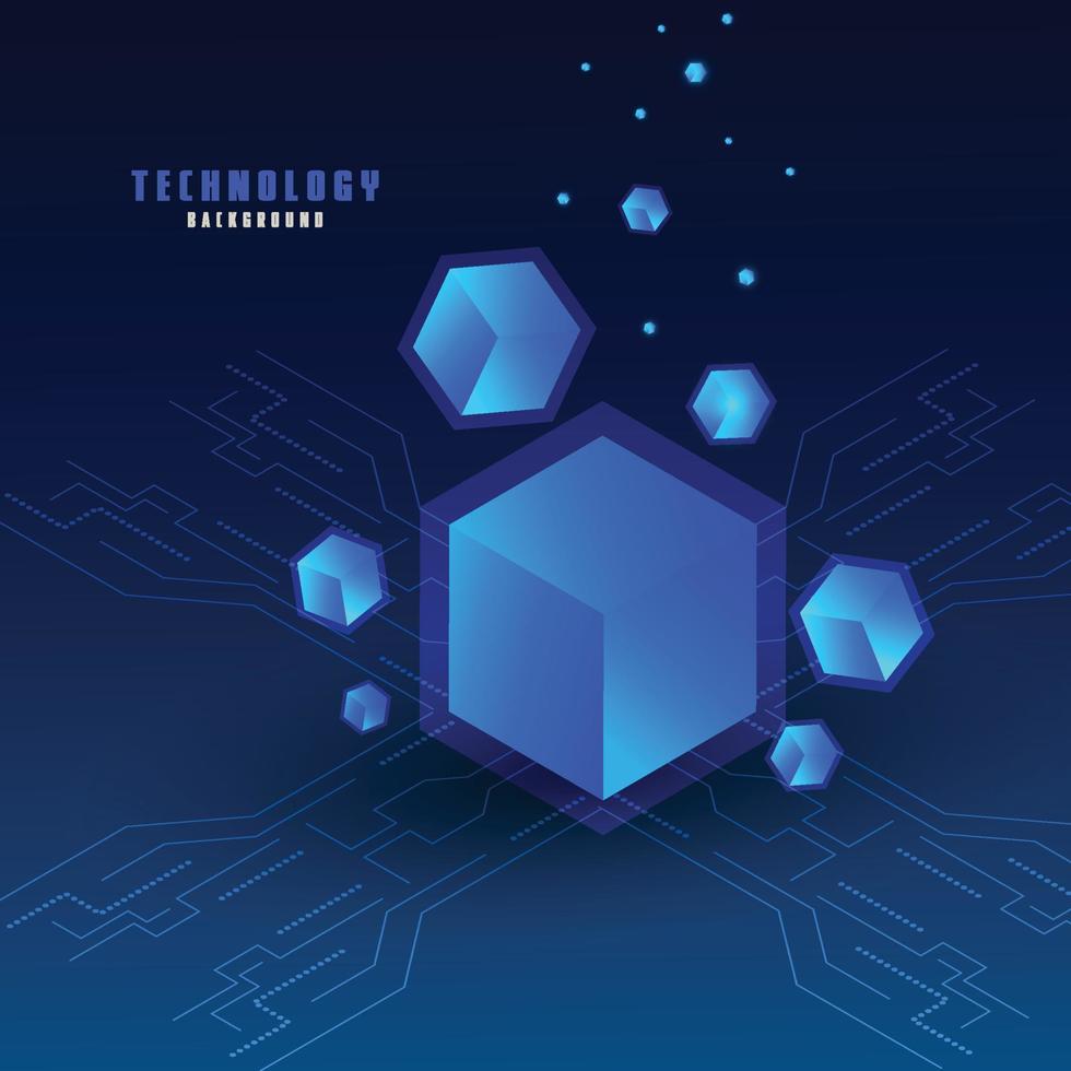 Vector realistic 3d cubes with blue glowing on dark blue circuit background.