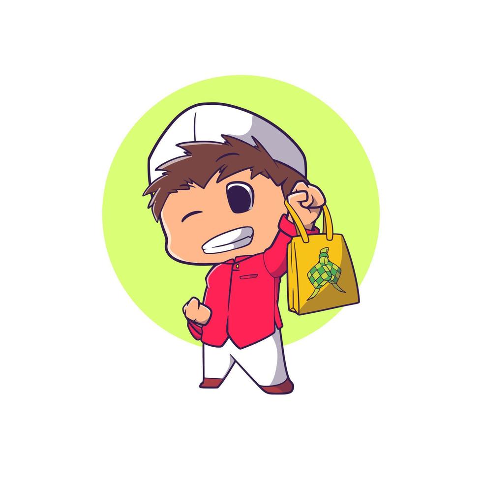 cute muslim boy feeling happy with the groceries he got vector