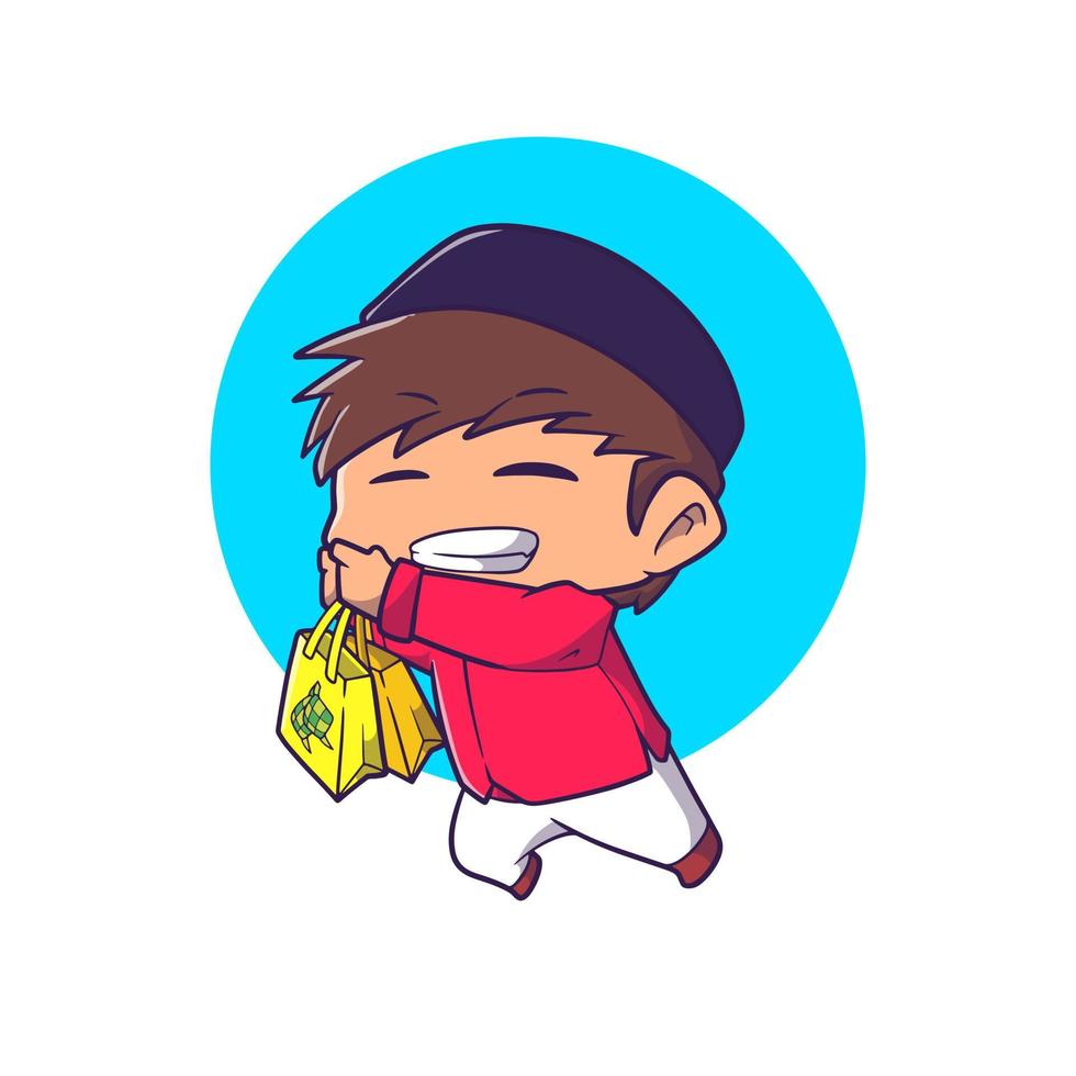 cute muslim boy feeling happy with two shopbag he got vector