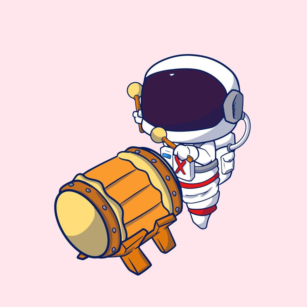 lindo astronauta de dibujos animados golpeando el tambor para la ilustración de eid al-fitr eid mubarak vector