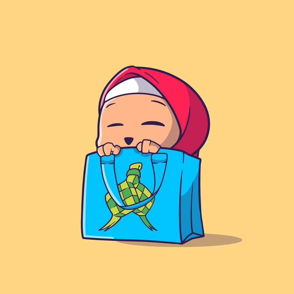cute girl muslim hide on shopbag illustration vector