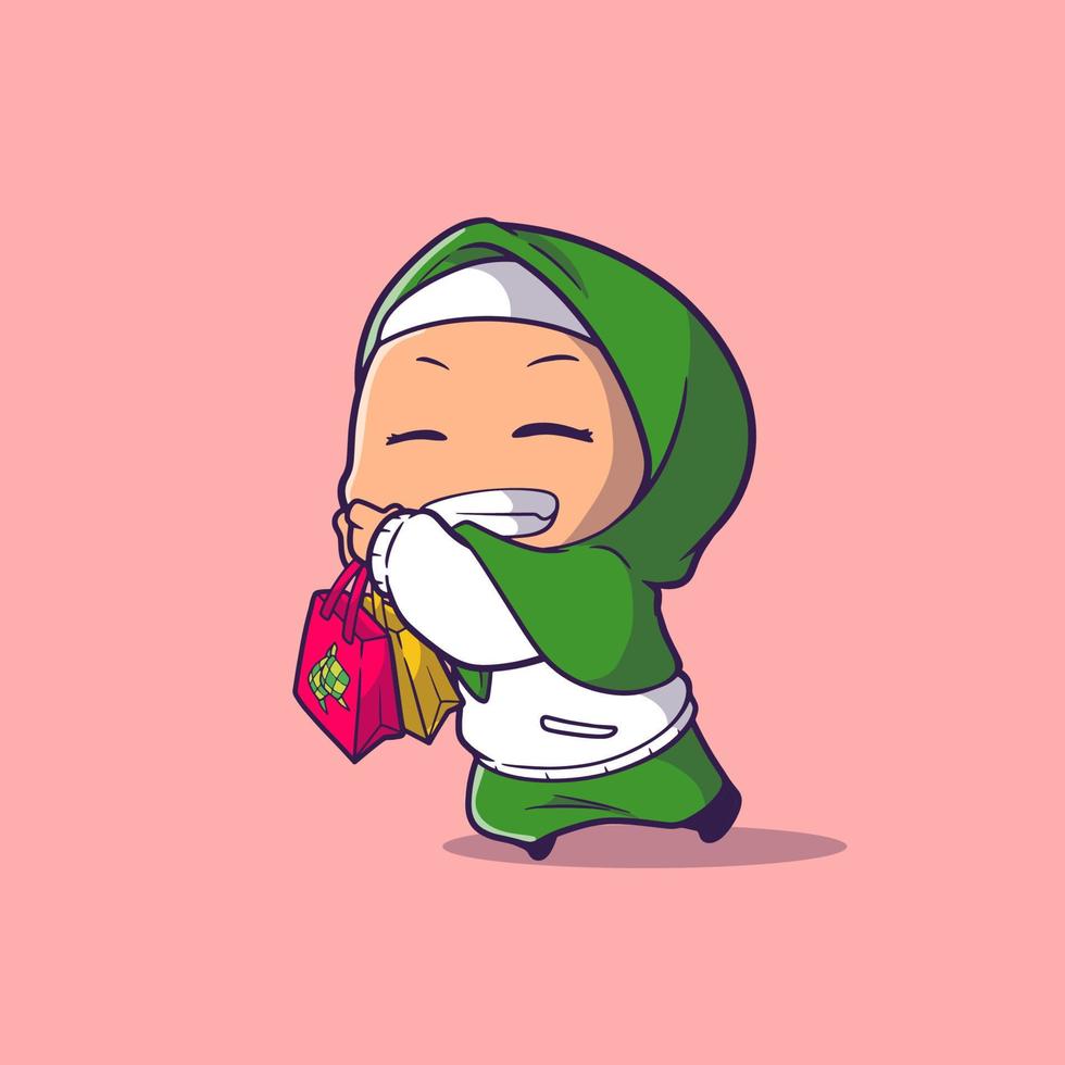 cute muslim girl feeling happy with two shopbag she got vector