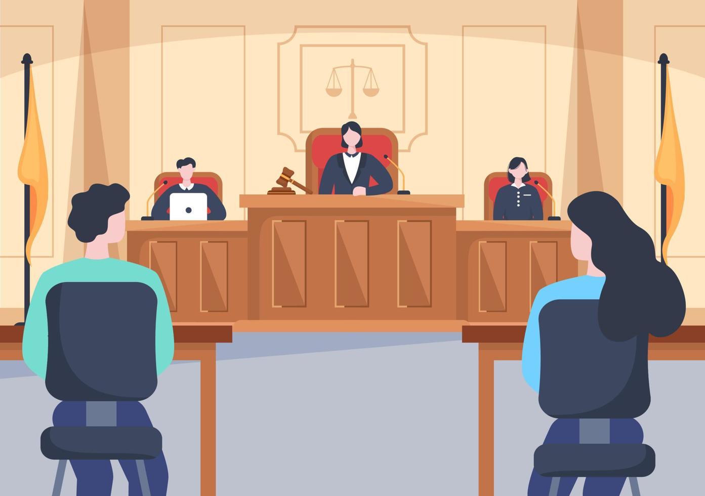 sala del tribunal con abogado, juicio con jurado, testigo o jueces y el martillo del juez de madera en una ilustración plana de diseño de dibujos animados vector