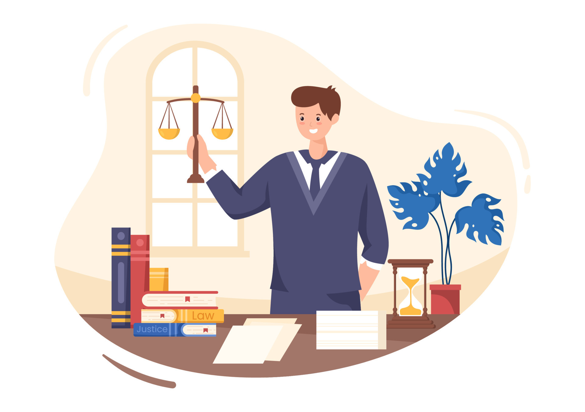 Lawyer, Attorney and Justice with Laws, Scales, Buildings, Book or