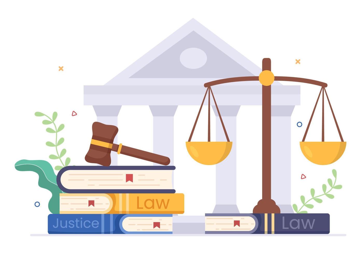 abogado, abogado y justicia con leyes, escalas, edificios, libro o martillo de juez de madera para consultor en ilustración de caricatura plana vector
