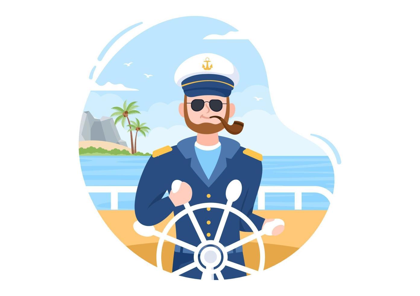 hombre capitán de crucero ilustración de dibujos animados en uniforme de marinero montando un barco, mirando con binoculares o parado en el puerto en diseño plano vector