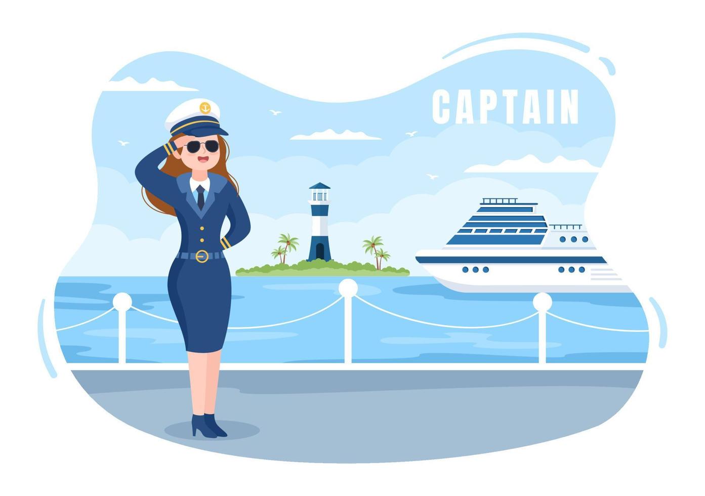 Woman Cruise Ship Captain Cartoon Illustration in Sailor Uniform Riding a Ships, Looking with Binoculars or Standing on the Harbor in Flat Design vector