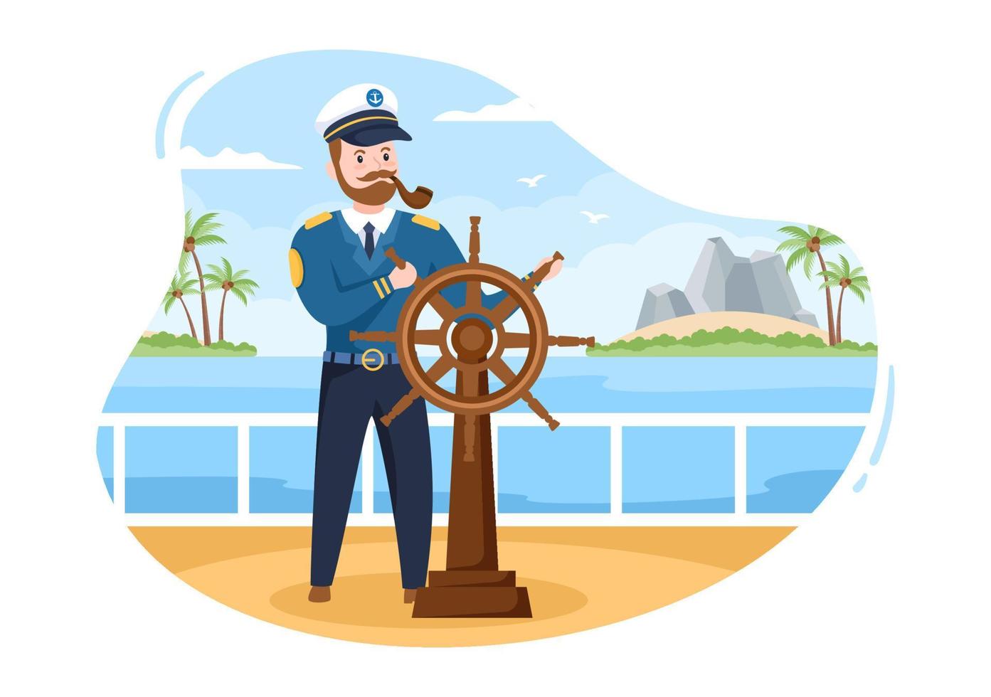 hombre capitán de crucero ilustración de dibujos animados en uniforme de marinero montando un barco, mirando con binoculares o parado en el puerto en diseño plano vector