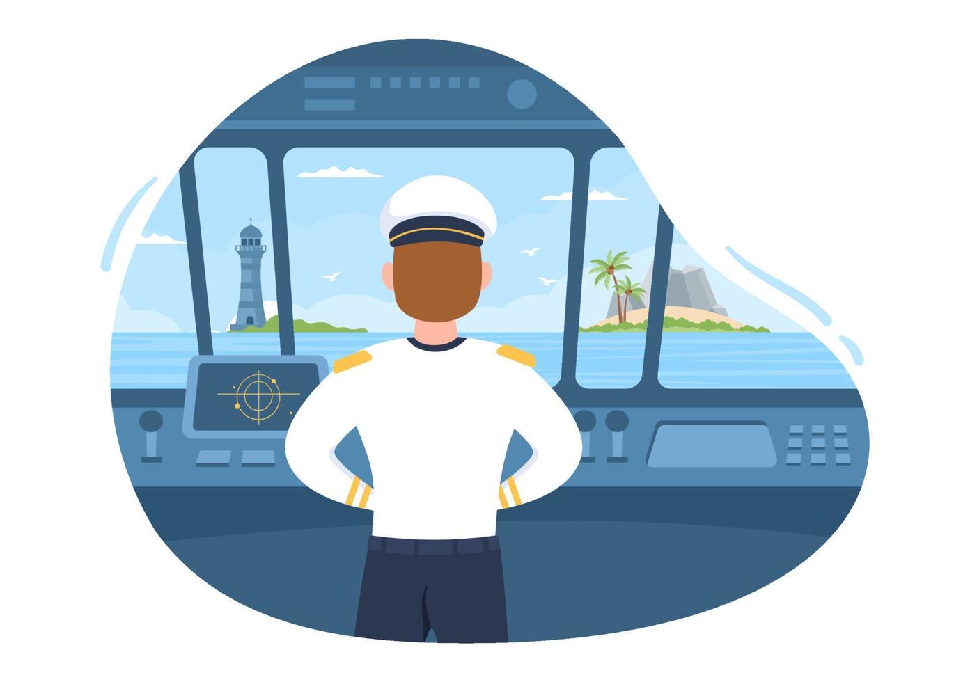 Man Cruise Ship Captain Cartoon Illustration in Sailor Uniform Riding a Ships, Looking with Binoculars or Standing on the Harbor in Flat Design vector