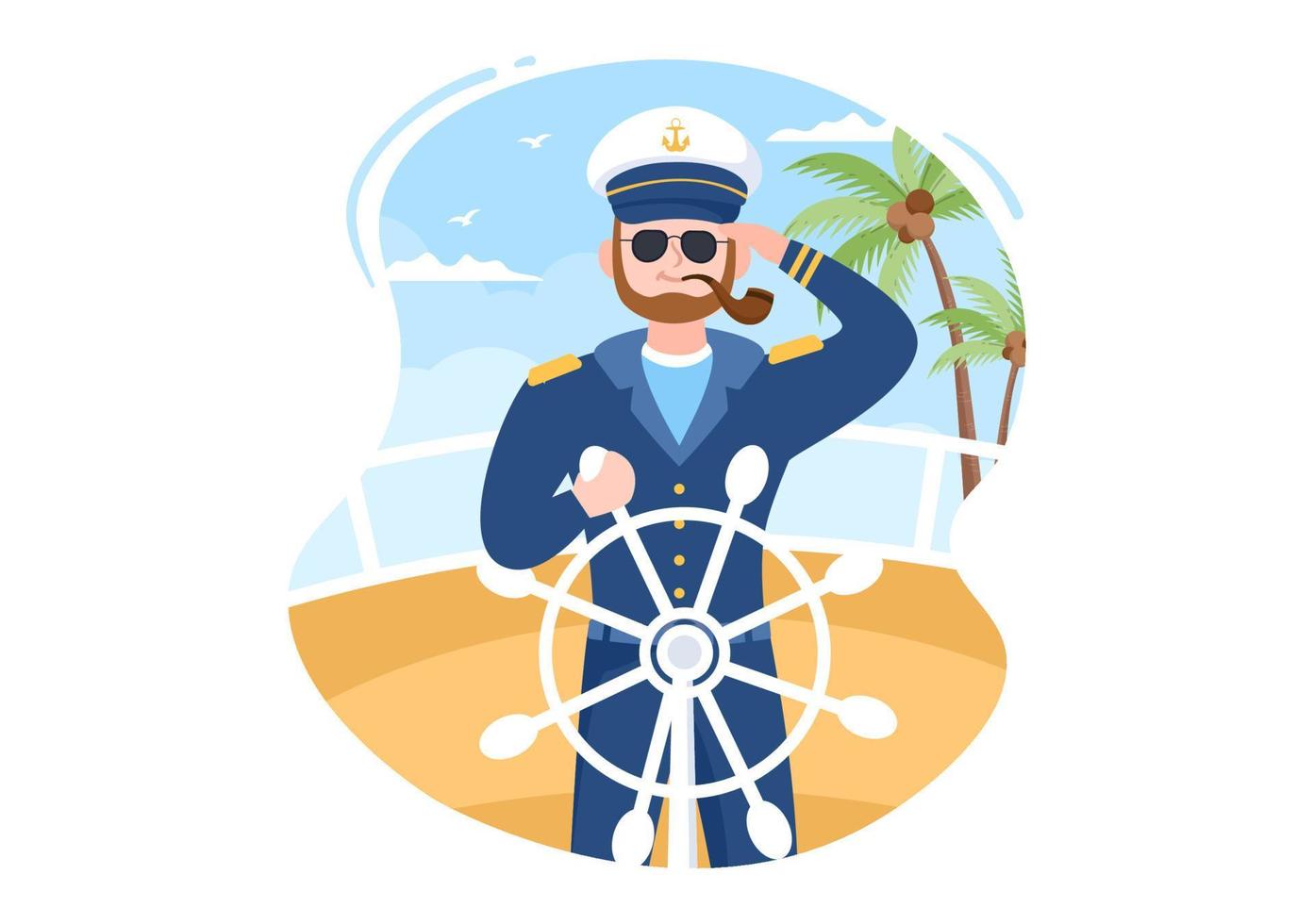 Man Cruise Ship Captain Cartoon Illustration in Sailor Uniform Riding a Ships, Looking with Binoculars or Standing on the Harbor in Flat Design vector