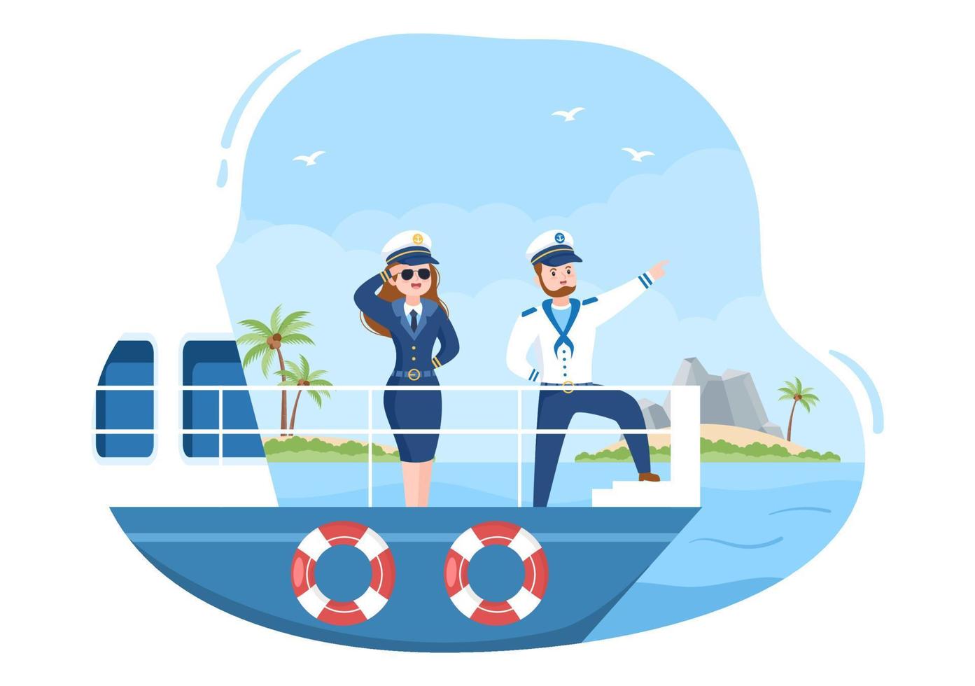 Cruise Ship Captain Cartoon Illustration in Sailor Uniform Riding a Ships, Looking with Binoculars or Standing on the Harbor in Flat Design vector