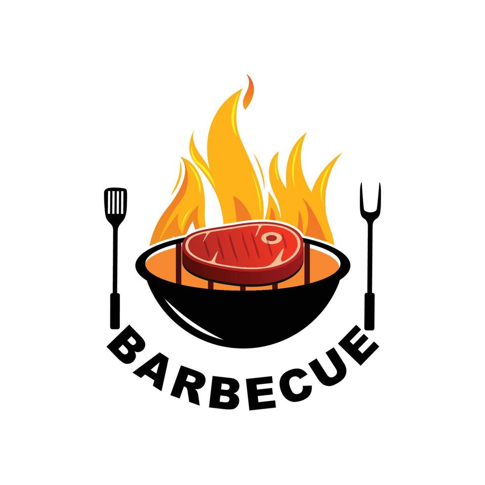 diseño de logotipo de barbacoa, comida de carne a la parrilla, ilustración vectorial de la empresa, adhesivo, serigrafía vector