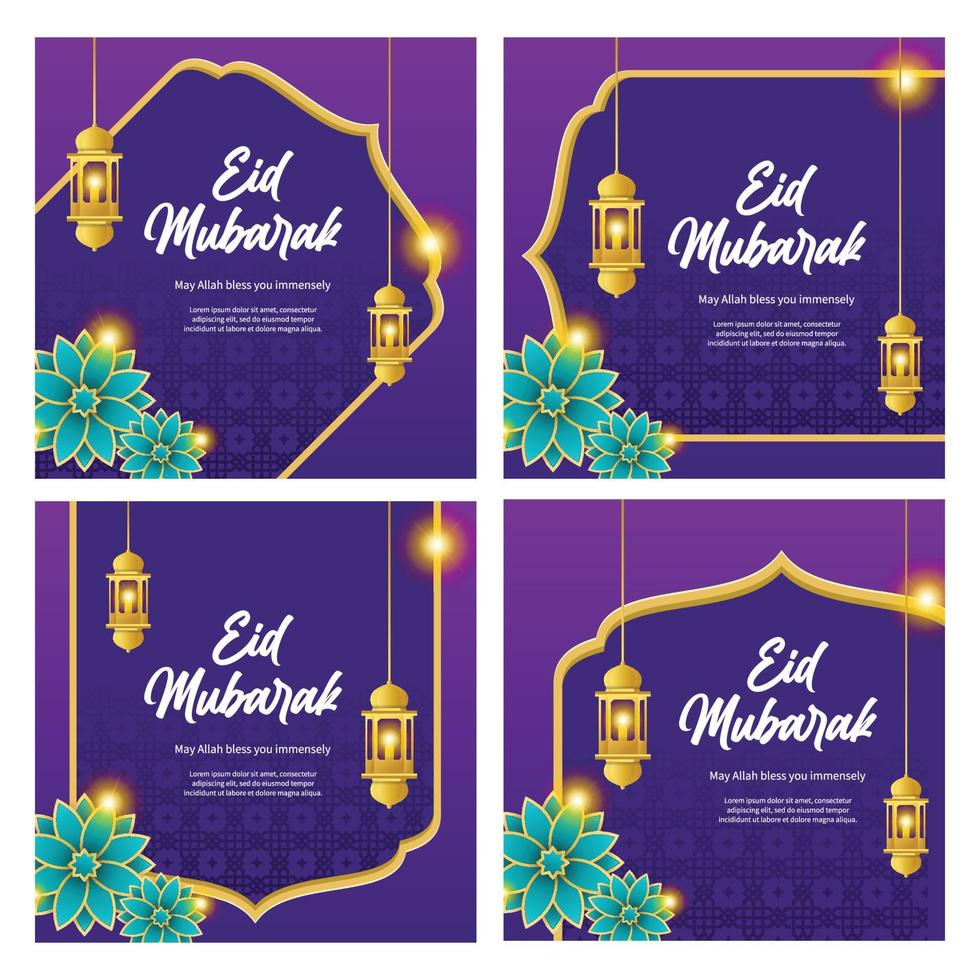 set of Illustration of Eid Islamic vector design greeting card template with purple background