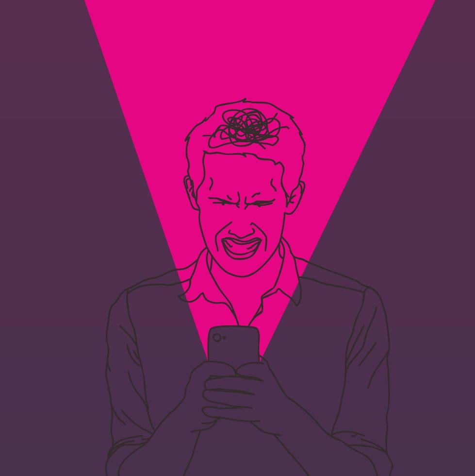 lineart illustration of a man who can't control himself because he overuses his cell phone for mental health illustration vector