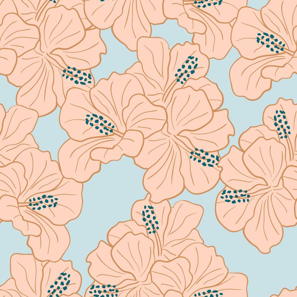 Modern tropical flowers seamless pattern design. Hibiscus flowers background. Exotic jungle wrapping paper. Beautiful print with hand drawn exotic plants vector