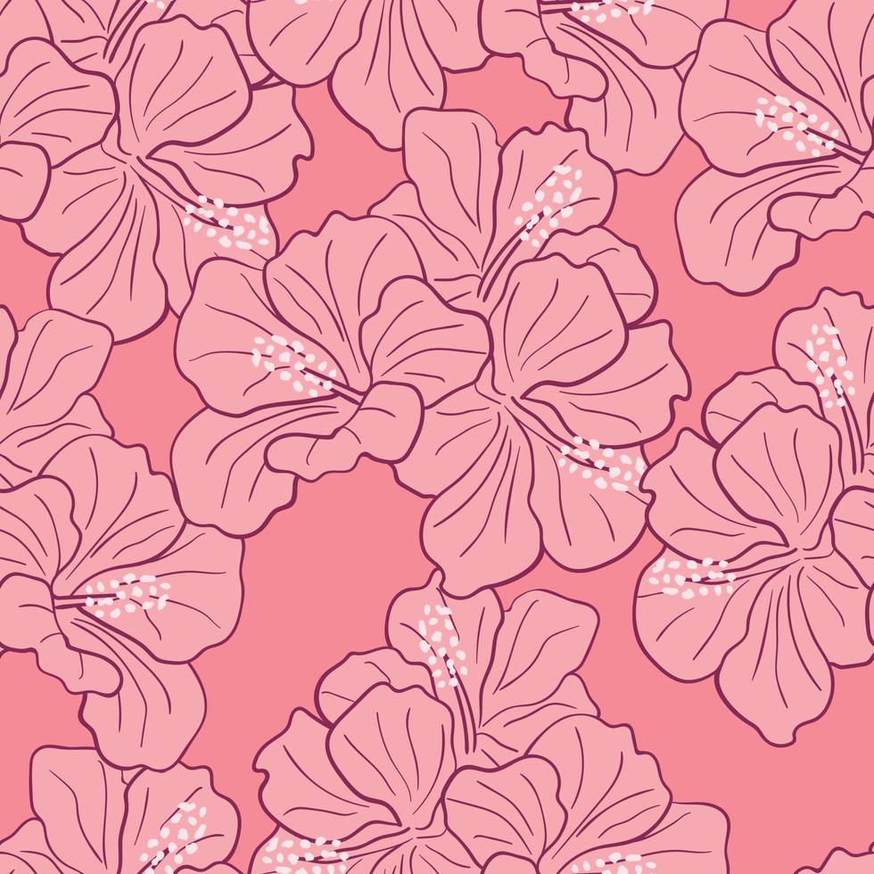 Modern tropical flowers seamless pattern design. Hibiscus flowers background. Exotic jungle wrapping paper. Beautiful print with hand drawn exotic plants vector