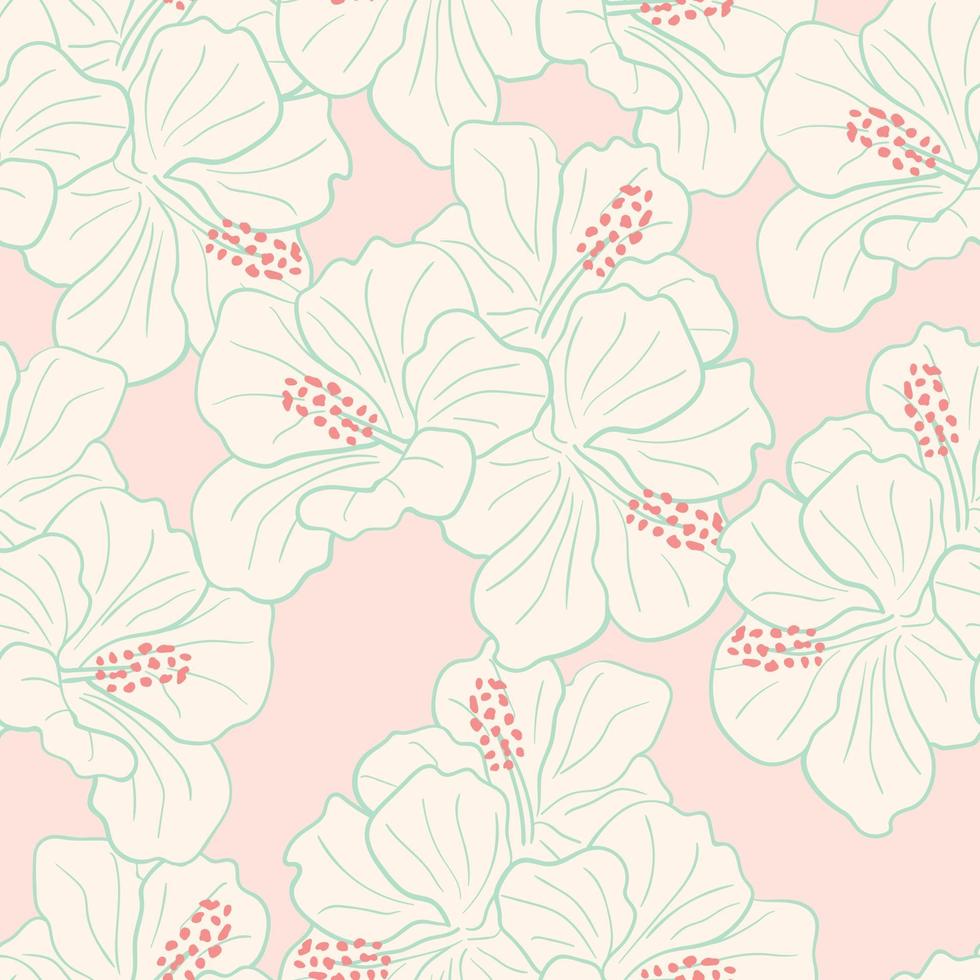 diseño de patrones sin fisuras de flores tropicales modernas. fondo de flores de hibisco. papel de regalo de selva exótica. hermoso estampado con plantas exóticas dibujadas a mano vector