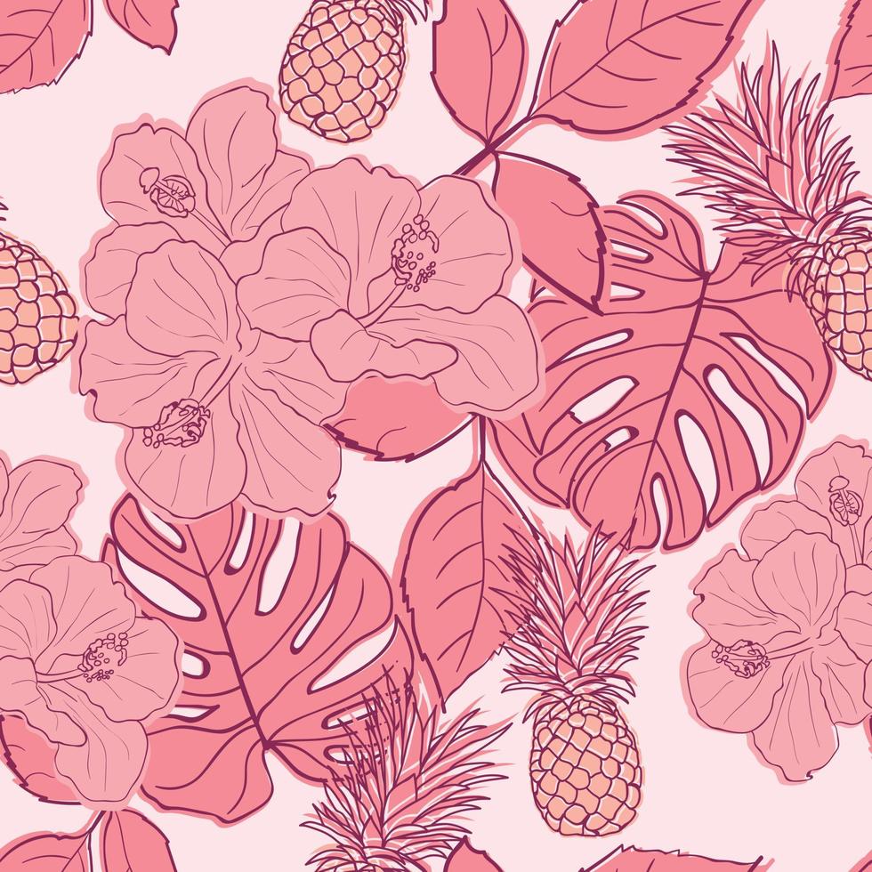 hibisco tropical, hojas de palma, monstera, fondo transparente de piña. papel de regalo de selva exótica. hermoso estampado con plantas exóticas dibujadas a mano. diseño de verano para moda, estampado vector