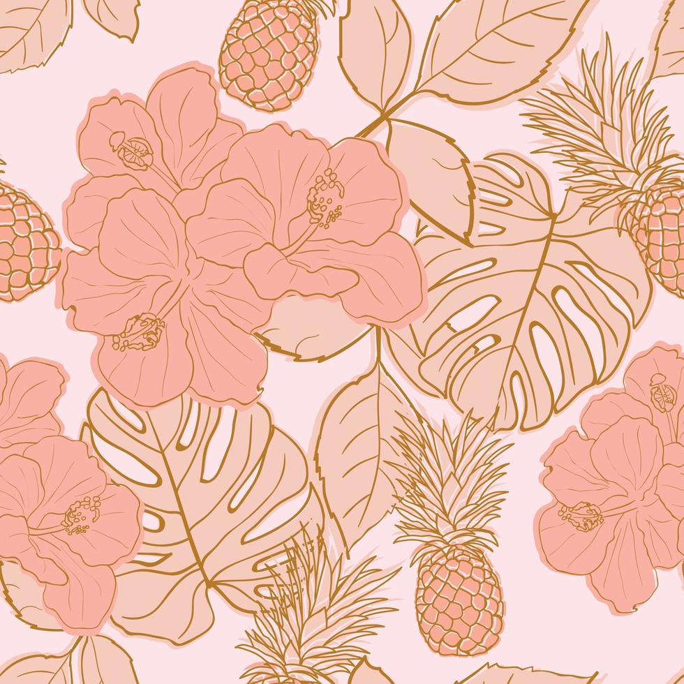 hibisco tropical, hojas de palma, monstera, fondo transparente de piña. papel de regalo de selva exótica. hermoso estampado con plantas exóticas dibujadas a mano. diseño de verano para moda, estampado vector