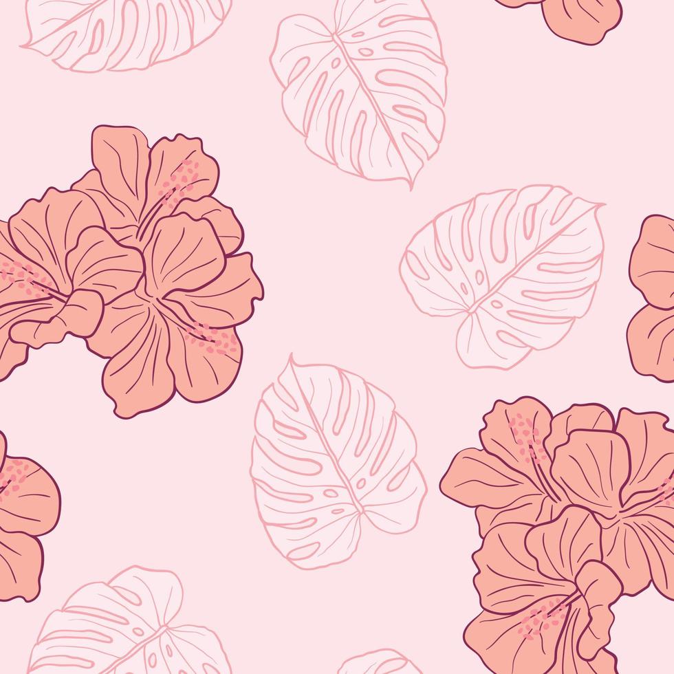 Hibiscus flowers and leaves seamless pattern background. Tropical nature wrapping paper or textile design. Beautiful print with hand-drawn exotic flower. vector