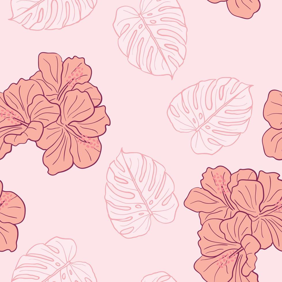 flores de hibisco y hojas de fondo transparente. papel de regalo de naturaleza tropical o diseño textil. hermoso estampado con flores exóticas dibujadas a mano. vector