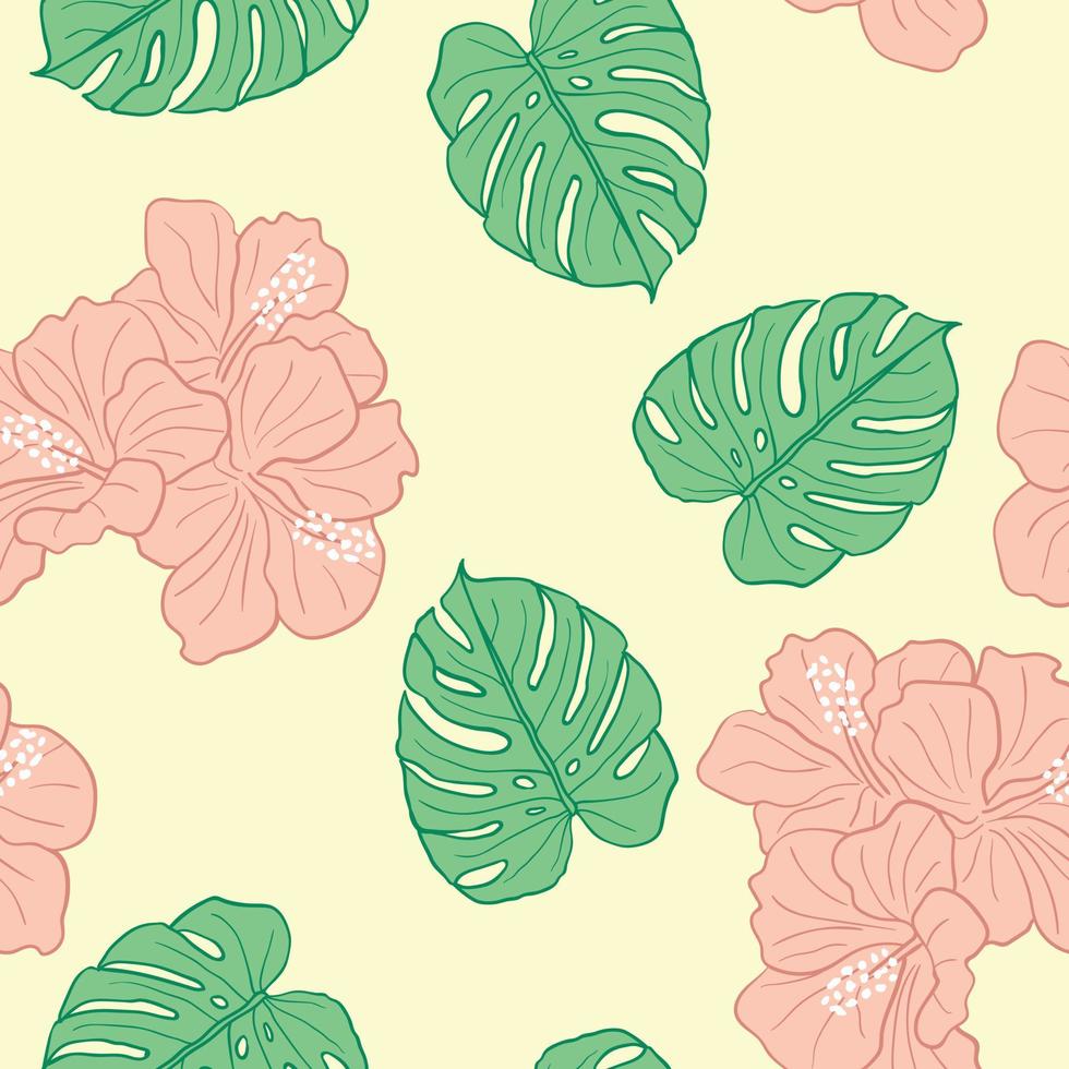 Hibiscus flowers and leaves seamless pattern background. Tropical nature wrapping paper or textile design. Beautiful print with hand-drawn exotic flower. vector