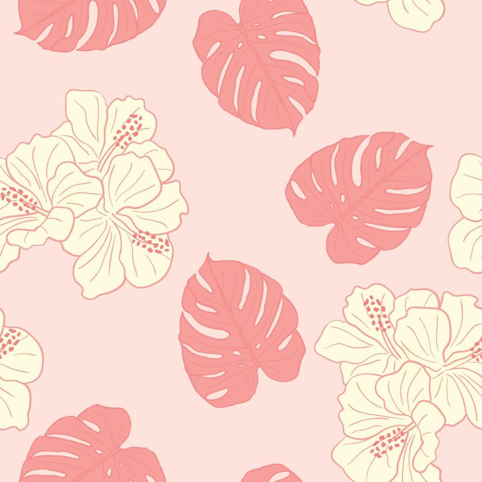 Hibiscus flowers and leaves seamless pattern background. Tropical nature wrapping paper or textile design. Beautiful print with hand-drawn exotic flower. vector