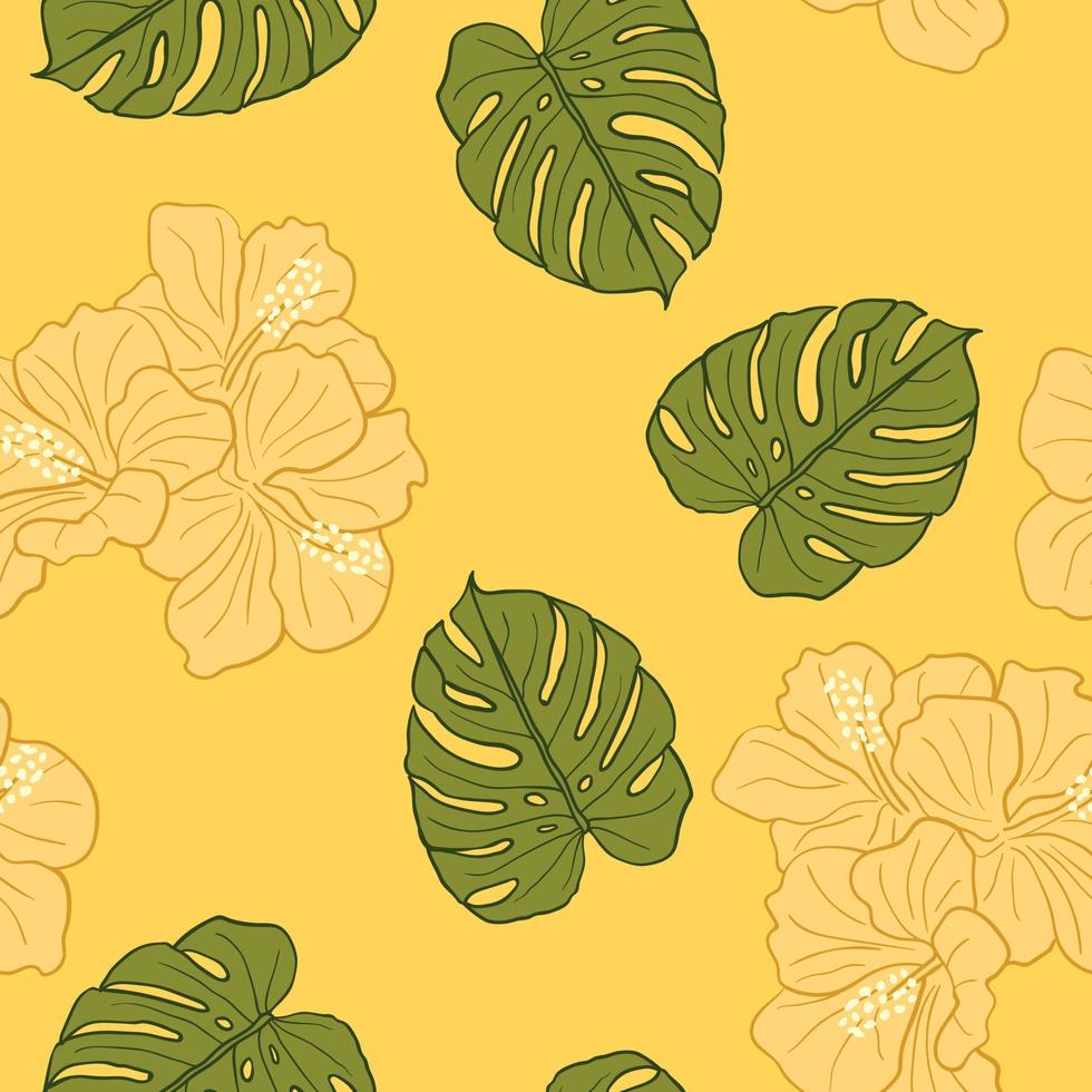 Hibiscus flowers and leaves seamless pattern background. Tropical nature wrapping paper or textile design. Beautiful print with hand-drawn exotic flower. vector