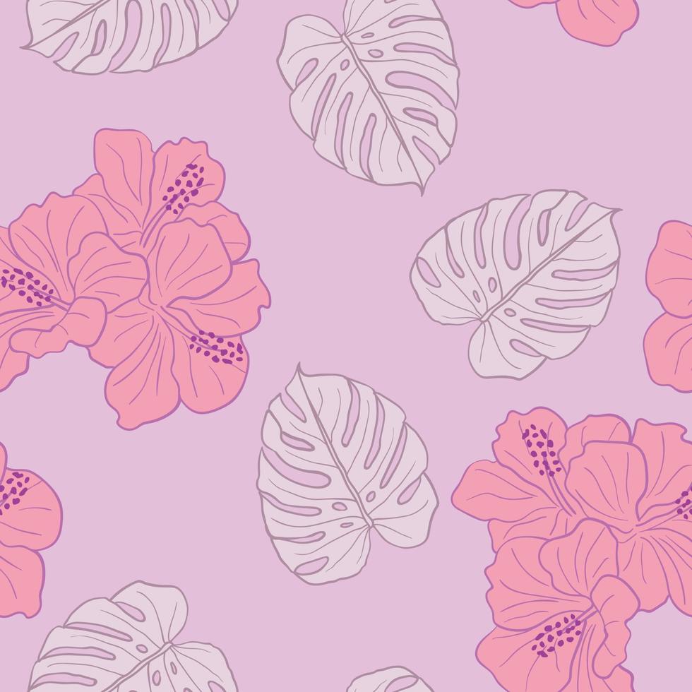 Hibiscus flowers and leaves seamless pattern background. Tropical nature wrapping paper or textile design. Beautiful print with hand-drawn exotic flower. vector