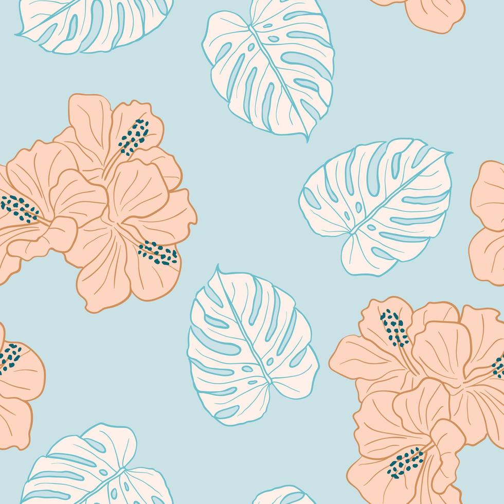 Hibiscus flowers and leaves seamless pattern background. Tropical nature wrapping paper or textile design. Beautiful print with hand-drawn exotic flower. vector