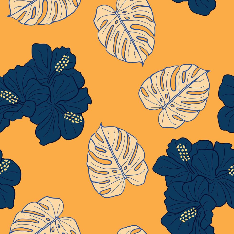 Hibiscus flowers and leaves seamless pattern background. Tropical nature wrapping paper or textile design. Beautiful print with hand-drawn exotic flower. vector