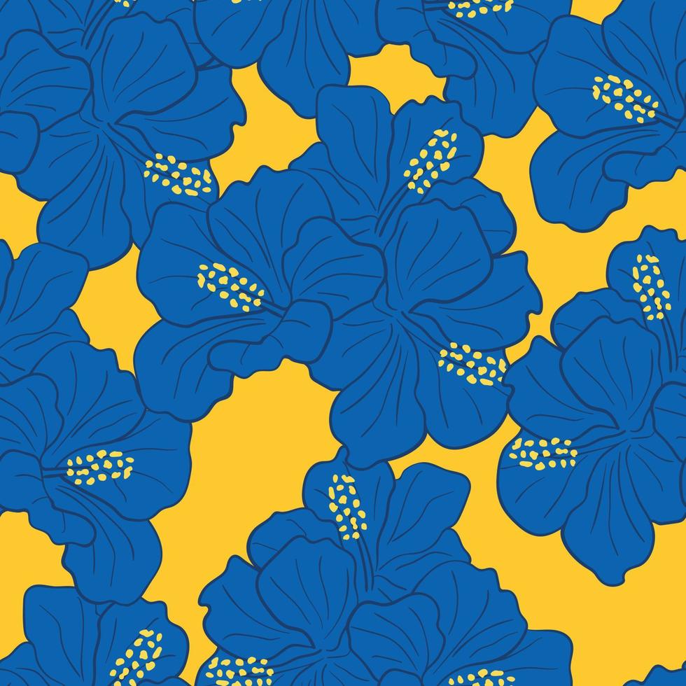 diseño de patrones sin fisuras de flores tropicales modernas. fondo de flores de hibisco. papel de regalo de selva exótica. hermoso estampado con plantas exóticas dibujadas a mano vector