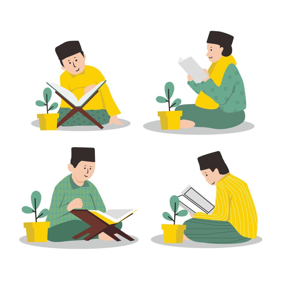 set of Islamic education illustration of a boy reading a book vector