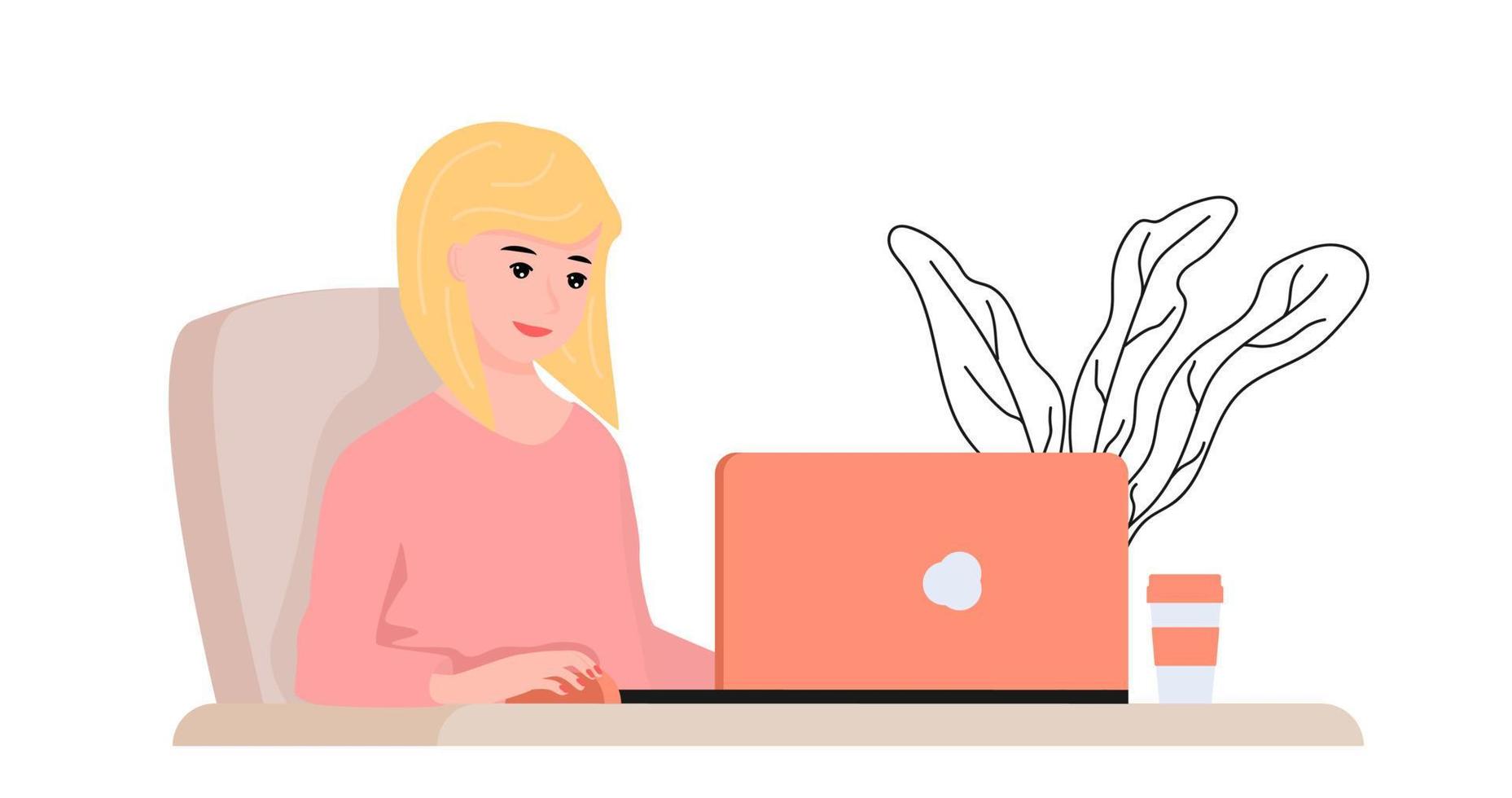 Woman sitting in front of computer and chatting with a friend. Female having a video call. Online videoconference concept. vector