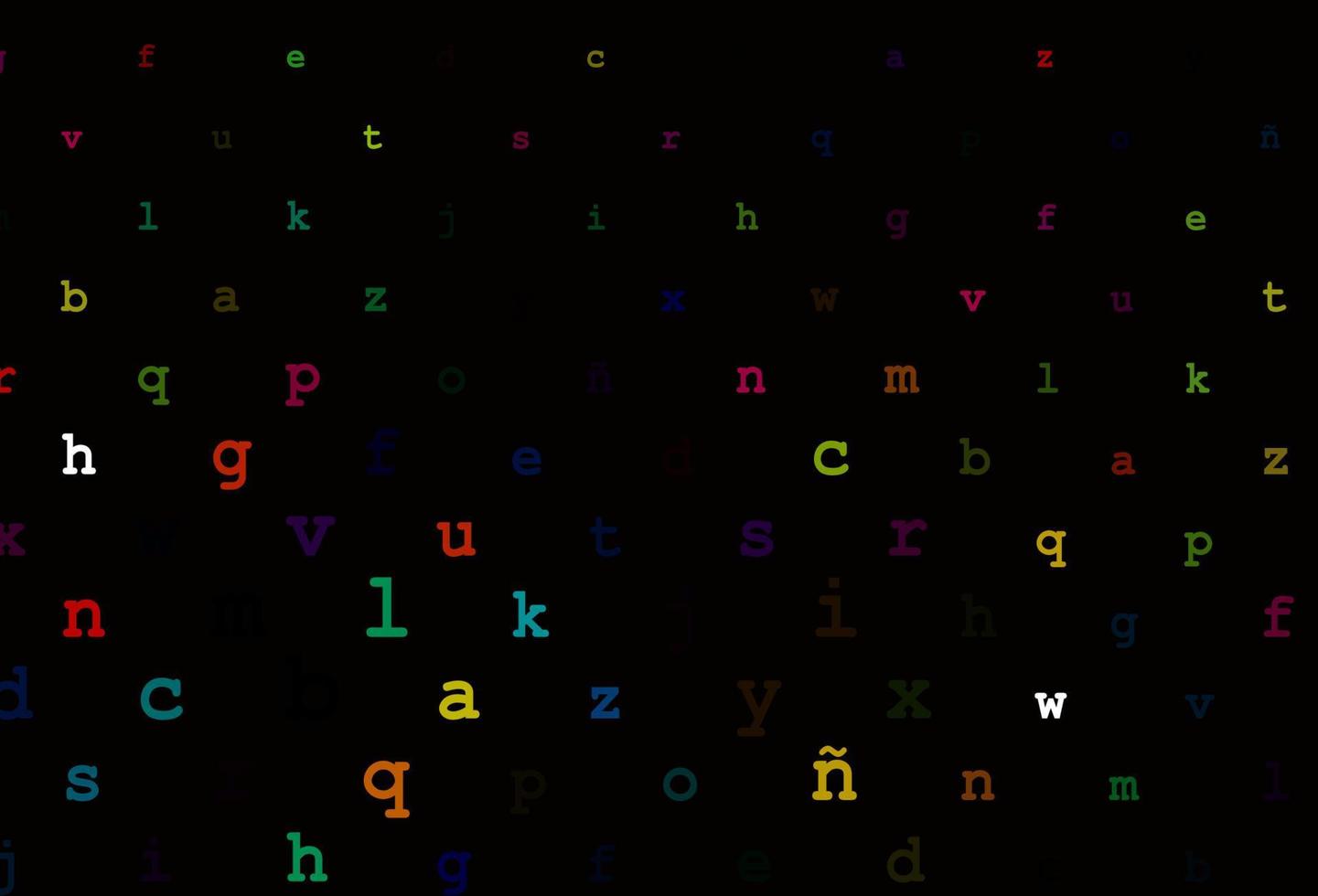 Dark multicolor, rainbow vector background with signs of alphabet.