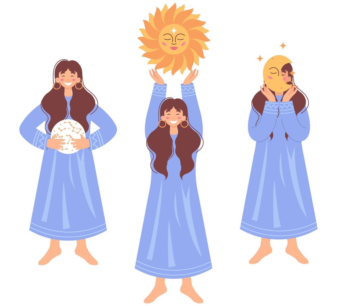 conjunto de tres mujeres sonrientes sosteniendo una bola de cristal, el sol y la luna. concepto de astrología. ilustración vectorial de color plano aislada en un fondo blanco. vector