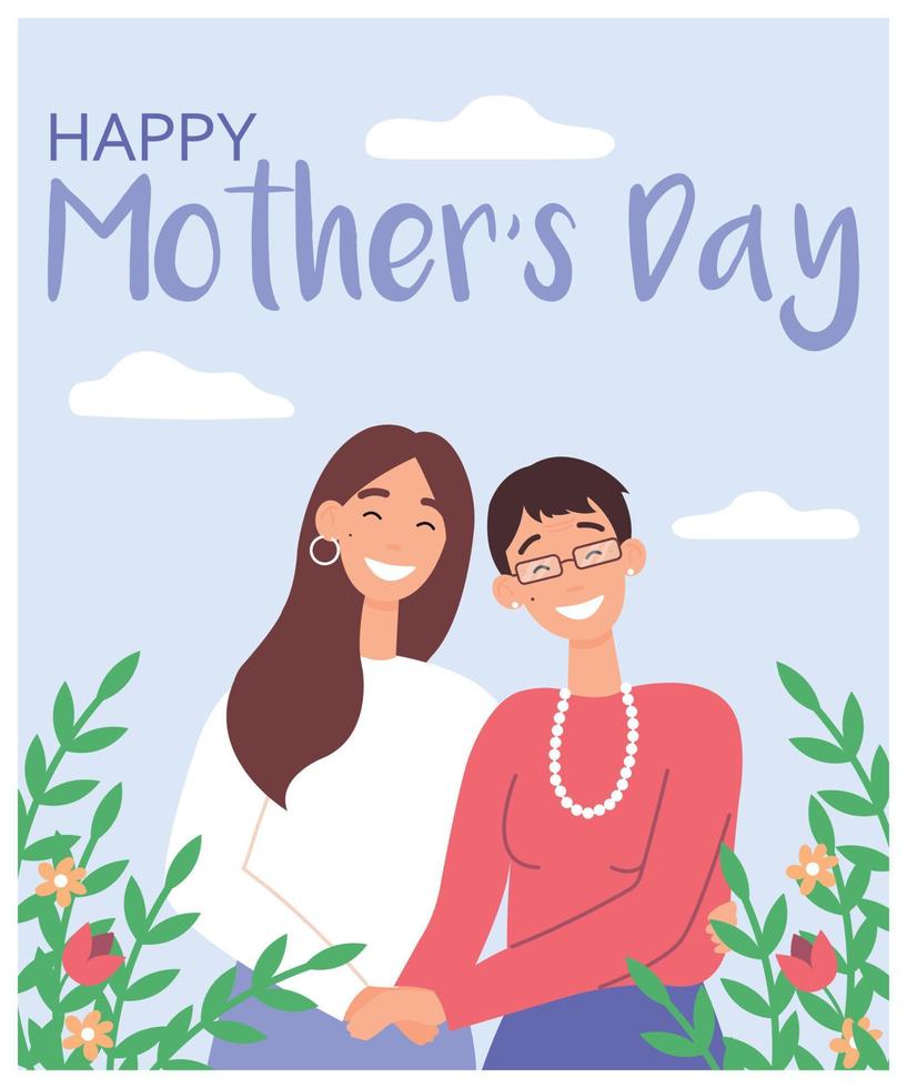 Happy Mothers Day. Mother and daughter hugging. Happy Parents Day. Greeting card. Flat vector illustration on a blue background.