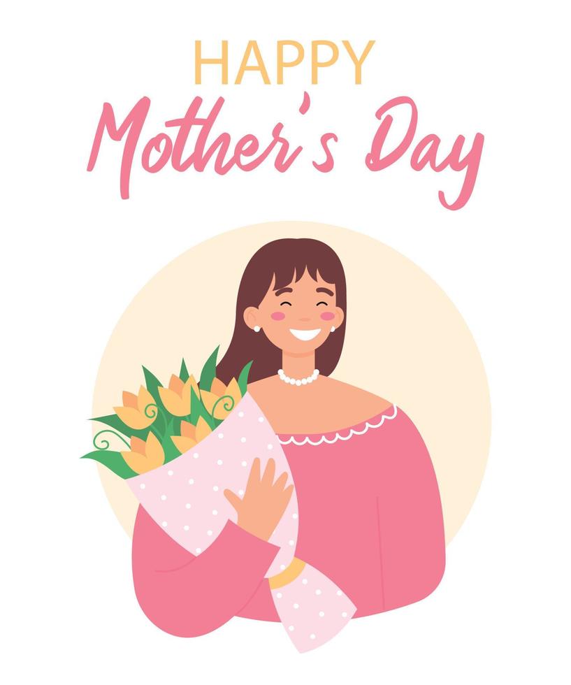 Happy Mothers Day. Woman holds bouquet of flowers and smiling. Greeting card. Cute flat vector illustration on a blue background.