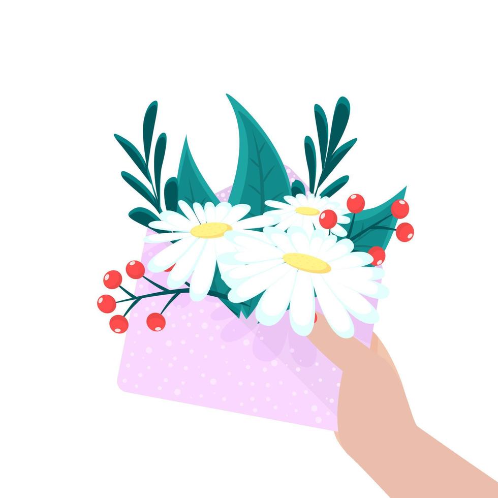 Human Hand holds envelope with spring flowers. Card for Woman's Day, Mother's Day, Birthday, other holiday as a template. Vector illustration flat design. Isolated background.