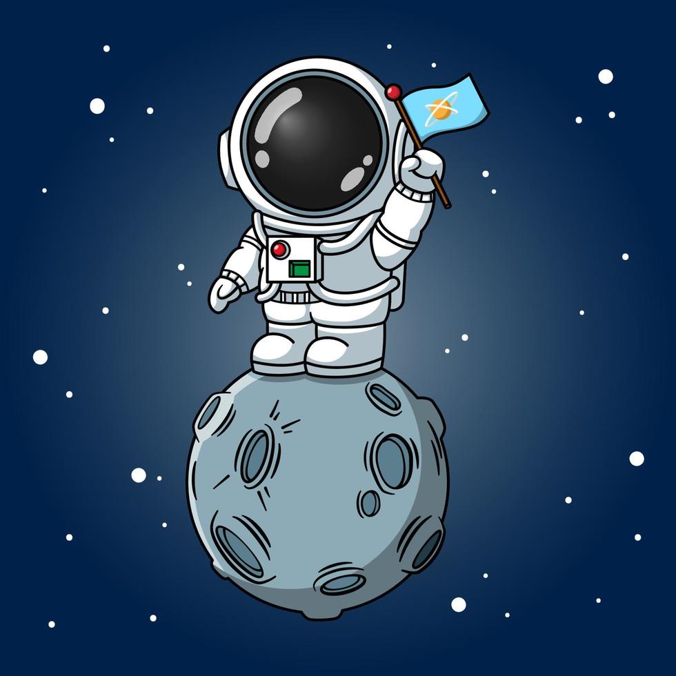 lindo astronauta sosteniendo la bandera en la luna vector