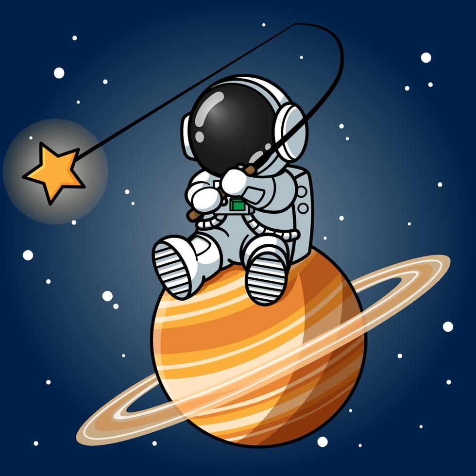 Cute Astronaut Catching Star On The Saturn vector