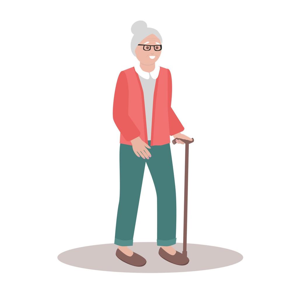 Smiling old lady with disabilities walking . Flat vector illustration