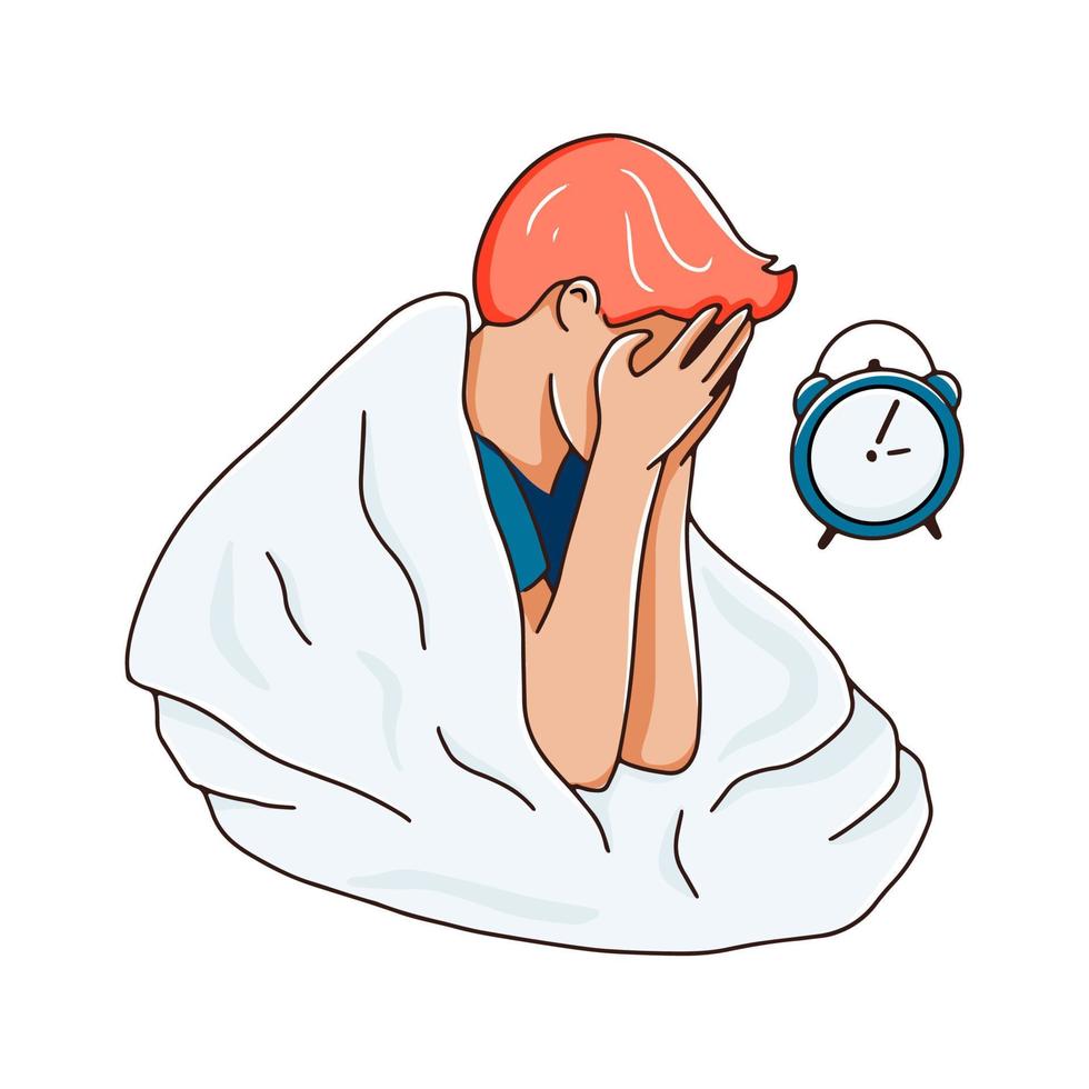 Insomnia concept. A man in a blanket sits covering his face with his hands, next to the alarm clock shows the night. Vector hand drawn illustration