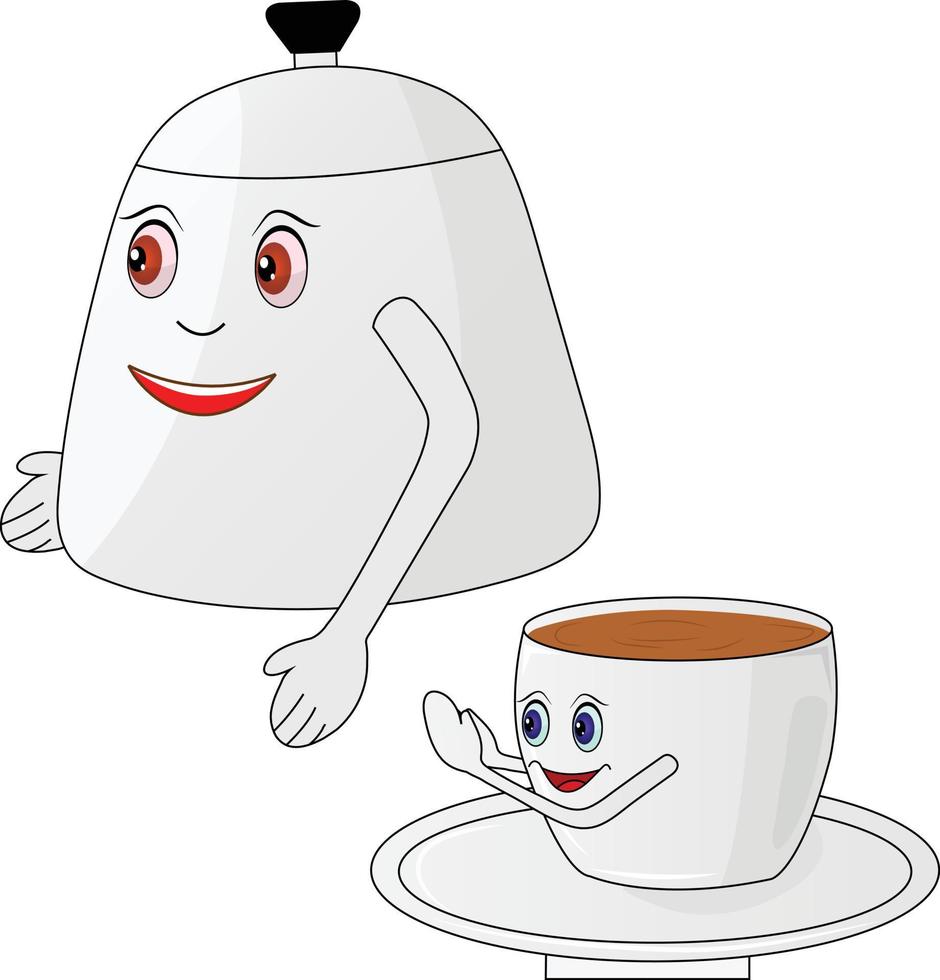 linda y sonriente taza de té y dibujos animados de ganado ilustración vectorial vector