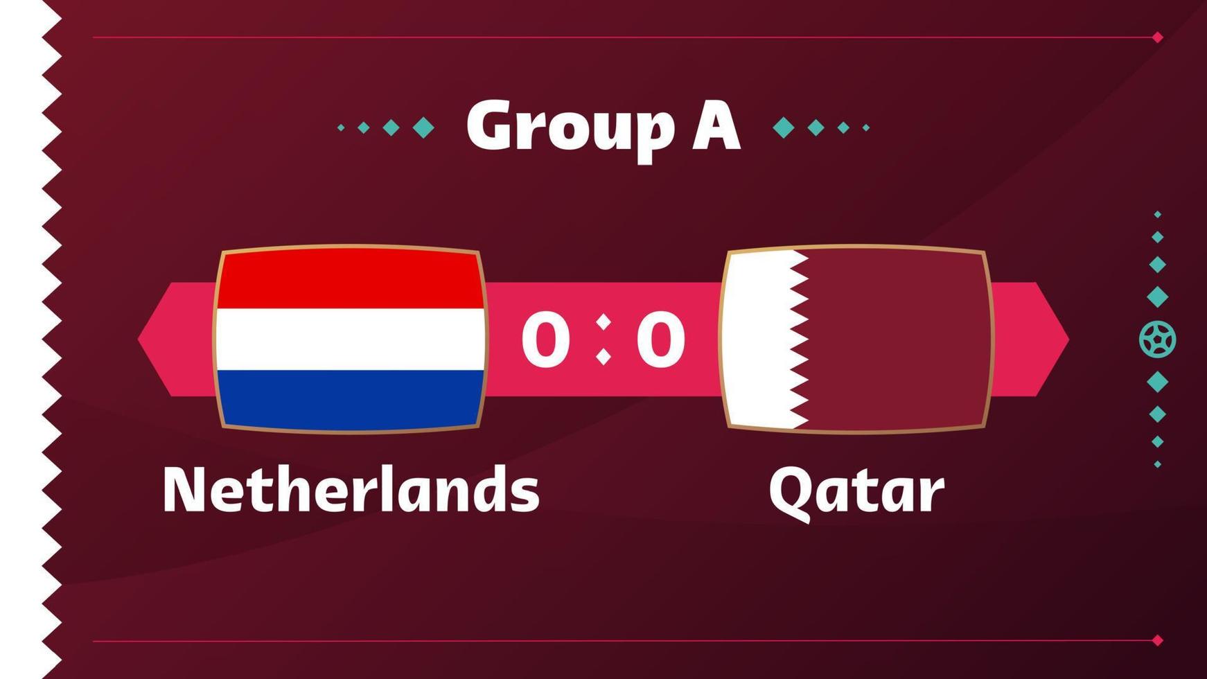 holanda vs qatar, futbol 2022, grupo a. partido de campeonato mundial de fútbol versus antecedentes deportivos de introducción de equipos, afiche final de la competencia de campeonato, ilustración vectorial. vector