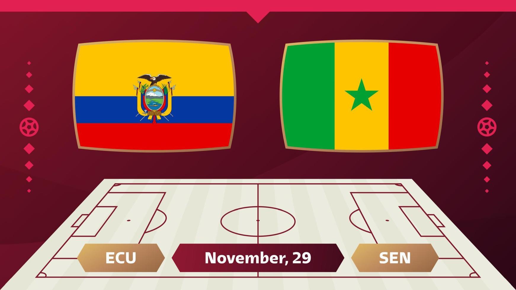 ecuador vs senegal, futbol 2022, grupo a. partido de campeonato mundial de fútbol versus antecedentes deportivos de introducción de equipos, afiche final de la competencia de campeonato, ilustración vectorial. vector