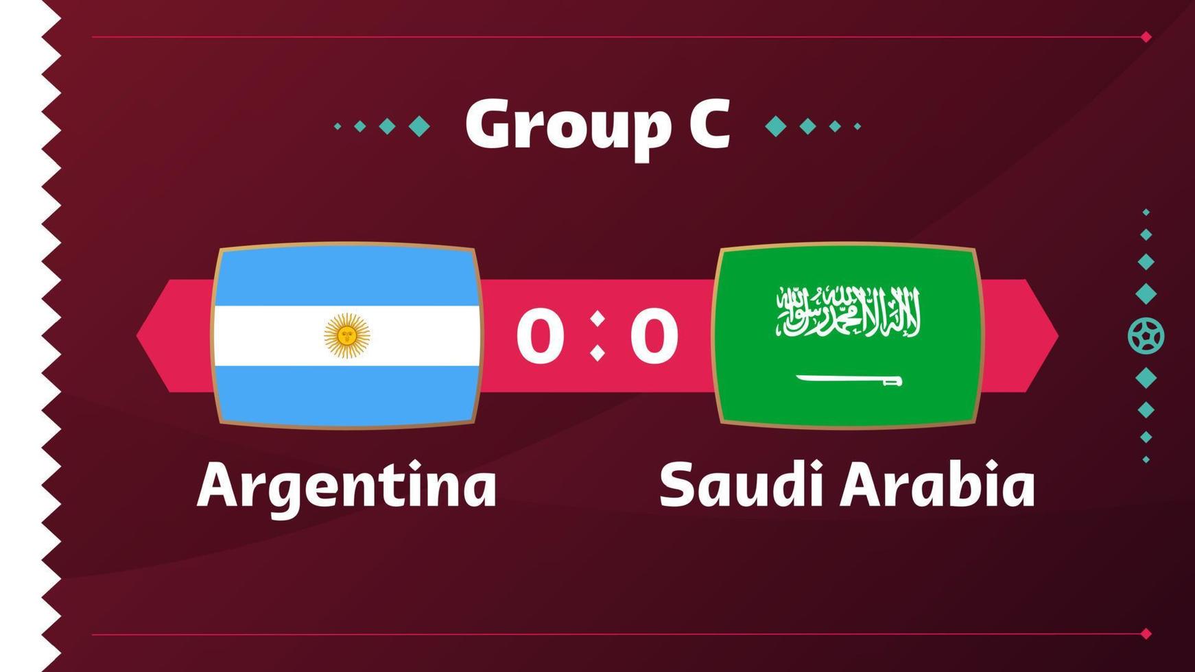 argentina vs arabia saudita, futbol 2022, grupo c. partido de campeonato mundial de fútbol versus antecedentes deportivos de introducción de equipos, afiche final de la competencia de campeonato, ilustración vectorial. vector