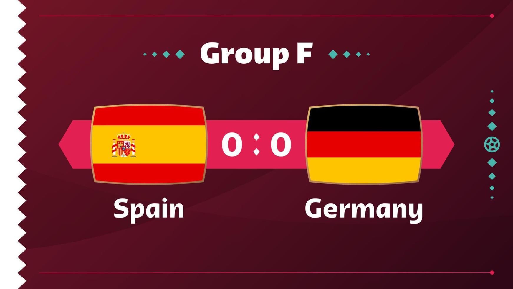 españa vs alemania, futbol 2022, grupo f. partido de campeonato mundial de fútbol versus antecedentes deportivos de introducción de equipos, afiche final de la competencia de campeonato, ilustración vectorial. vector