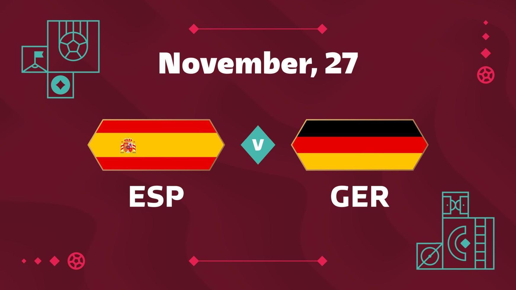 españa vs alemania, futbol 2022, grupo f. partido de campeonato mundial de fútbol versus antecedentes deportivos de introducción de equipos, afiche final de la competencia de campeonato, ilustración vectorial. vector